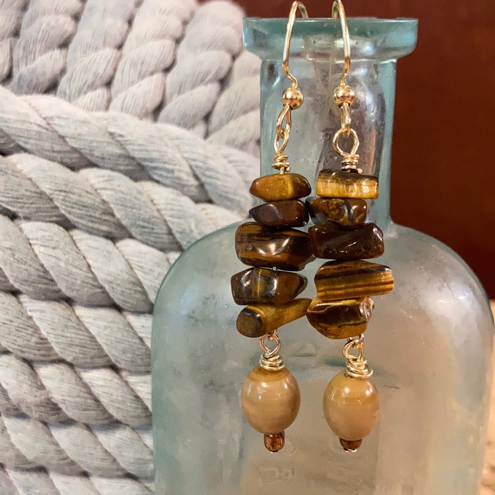 Tiger’s Eye and Carmel Glass Drop Earrings